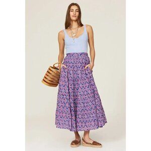 *FLAWED, READ* BANJANAN Womens XS Agatha Midi Peasant Skirt Blue/Purple Print
